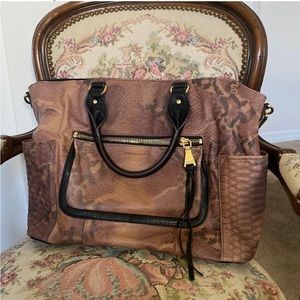 Aimee Kestenberg Genuine Leather Tote Tan/Black Snake.Gold trim.Pockets galore